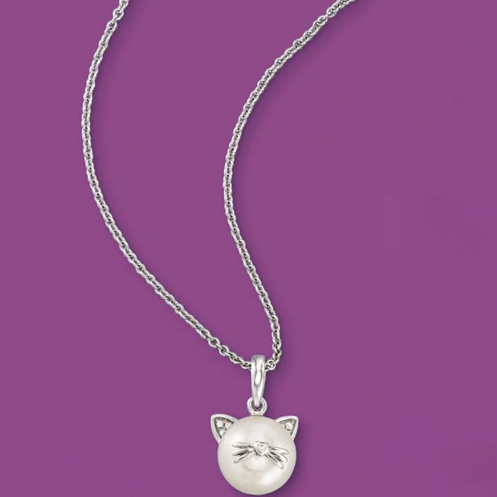 9-9.5mm Cultured Pearl Ross-Simons Silver Cat Charm Necklace